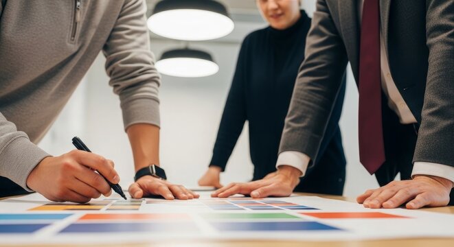 Team collaborating over colorful project boards during office brainstorming session