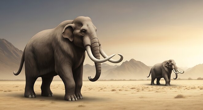 Two ancient proboscideans stand in a vast, arid landscape under a pale sky