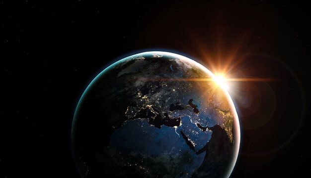 View from space of the sunrise over planet Earth. Elements of this image furnished by NASA.