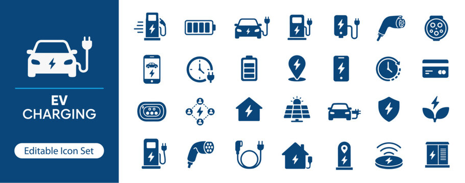EV Charging Solid Icon Set, Electric Vehicle Charging Station and Clean Energy Transportation, Battery Power Smart Mobility and Sustainable Automotive UI UX Interface Icons