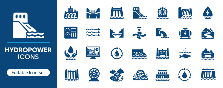 Hydropower Solid Icon Set, Renewable Energy and Water Electricity Icons for Sustainable Power Generation and Green Technology UI UX Design
