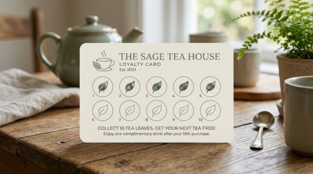 Tea loyalty card with teacup icon at cozy caf&eacute; counter