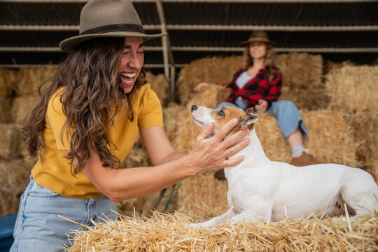 Happy woman petting a dog on hay bales in a barn
