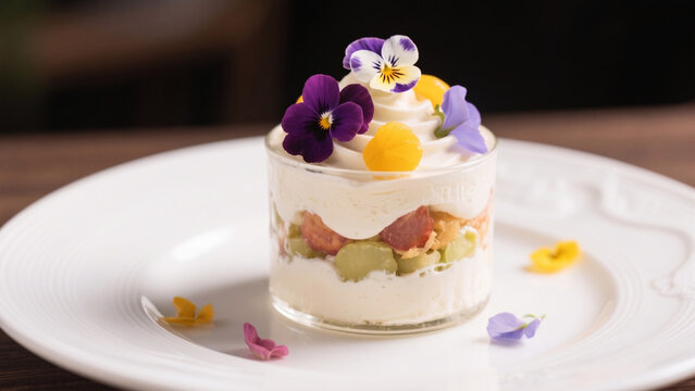 Elegant layered mini parfait in glass with whipped cream, green grapes and berry fruit layers, topped with edible flowers against blurred dark background, refined gourmet dessert aesthetic