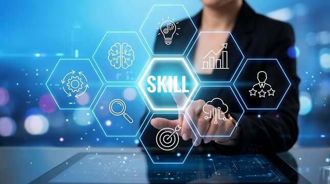 Business professional interacting with virtual skill development and core competency dashboard