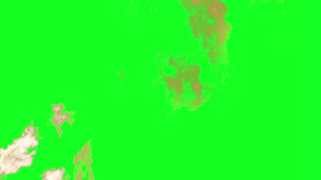 Brown smoke cloud moving animation on green screen chroma key background with realistic orange red flames burning intensely expanding horizontally for VFX video editing motion graphics professional