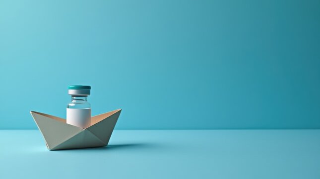 Vaccine vial on blue background with paper boat space for medicine name or text about health Symbolizes hope and faith 
