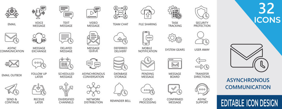 Asynchronous communication outline icon set . contains support, task, reminder, voice, comment, reply, only, and more icon.