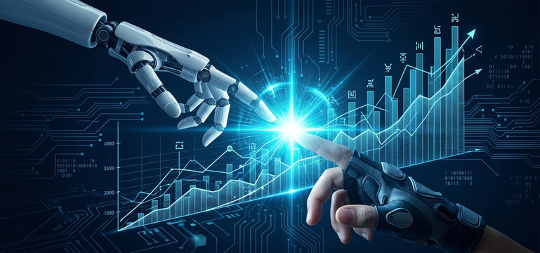 Future AI digital connection, High tech robotic interface, Artificial intelligence data spark, Machine learning technology light, Futuristic human machine synergy, Smart automation power connection, A
