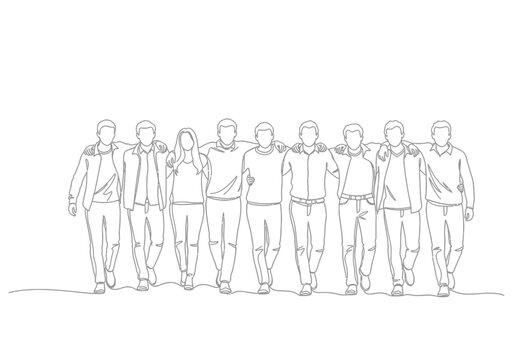 Group of friends walking together with arms around shoulders hand drawn outline line art