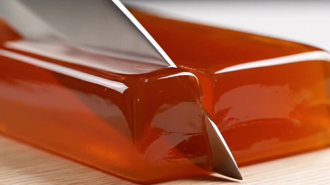 Metal knife cutting through a piece of orange jelly. Food preparation process in slow motion. Transparent gelatin dessert slicing for culinary service tutorial.