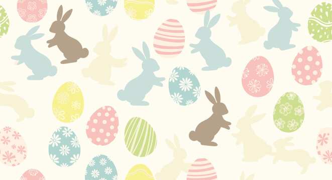 Seamless pattern featuring pastel bunny silhouettes and decorated Easter eggs scattered across a light cream background for a festive look.