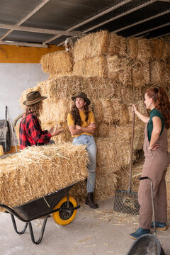 Women farmers talking beside hay bale stack in barn