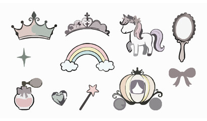 Whimsical princess magic doodle vector set with hand drawn crown pony mirror and fairy tale sketch elements © Sova