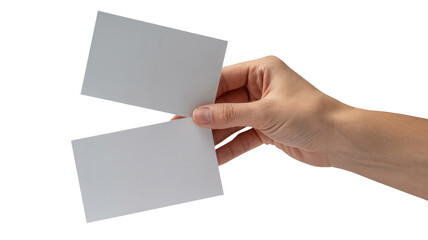 Obraz premium A hand holding two blank white cards isolated on transparent background for business or personal use