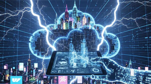 Futuristic digital city and cloud network with glowing lightning