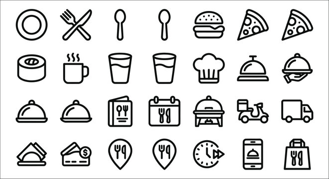 Food and Restaurant Line Icons Set on White Background
