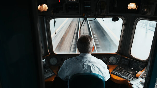 Train operator in vintage locomotive cabin, controlling equipment, moving on tracks with speed, transporting passengers or cargo