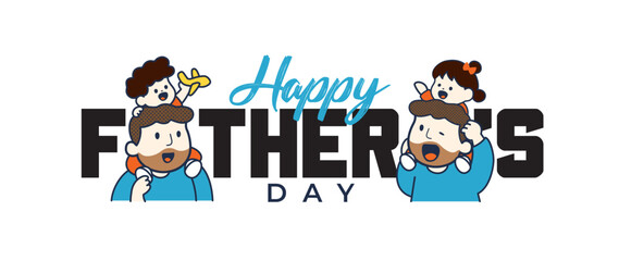 Fototapeta premium Happy Father’s Day greeting card. Father and child love. Vector illustration with father and kids in cute cartoon character style for banner, poster, illustration.