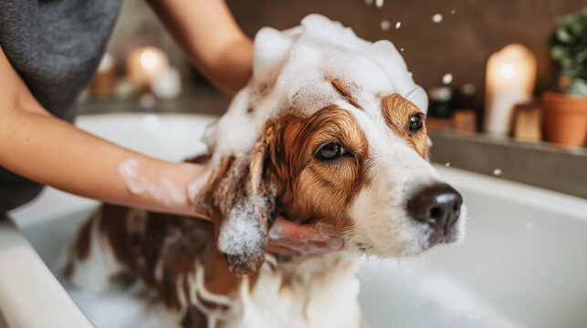 Dog enjoying bath, a person's hands gently washing its fur with shampoo and foam in a bathtub, focusing on pet care