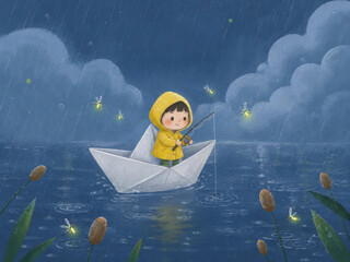 Fototapeta premium Cute Child Fishing in Paper Boat on Rainy Night – Whimsical Illustration