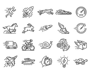 Speed and velocity icons: running rocket cheetah car horse bicycle with race car velocity movement stopwatch © RINA