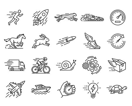 Speed and velocity icons: running rocket cheetah car horse bicycle with race car velocity movement stopwatch