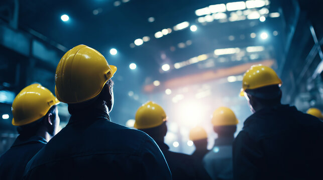 Group of engineers and laborers wearing hardhats observing operations in a dark manufacturing hall with bright lights