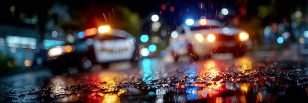 Two police cars with flashing red and blue lights on a wet street at night