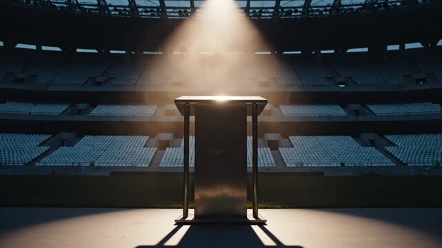 Empty Podium Illuminated by Spotlight in a Large Stadium with Bleacher Seats and Green Field Concept