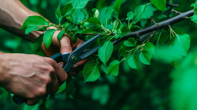 Hands pruning tree branch with gardening shears, maintaining green leaves for healthy growth in spring outdoor garden