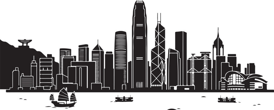 Hong Kong city skyline, black and white vector, urban landscape, silhouette illustration