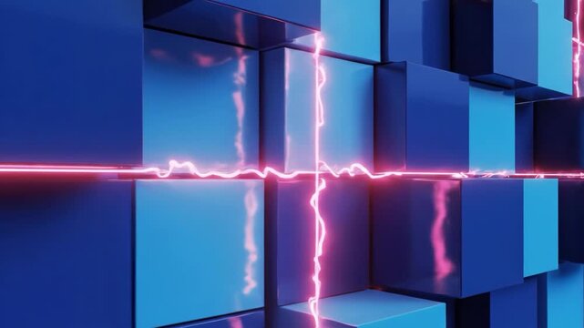 Abstract blue cubes wall with glowing red energy lines and lightning