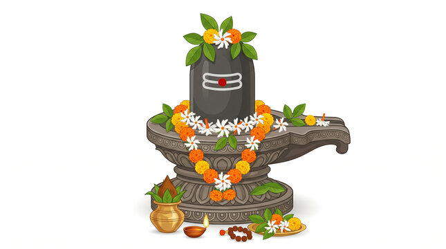 Sacred Shiva Lingam decorated with flowers, bel leaves, and traditional puja items for Maha Shivaratri festival. Perfect for Hindu religious designs and spiritual content.