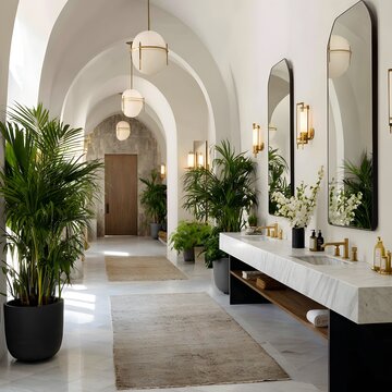 Elegant bathroom interior with arches double vanity and tropical plants Banner