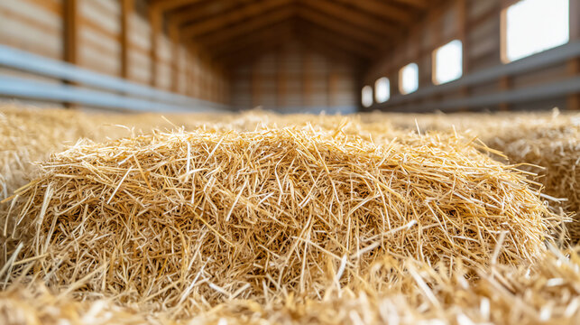 A close-up of a large haystack inside a wooden barn with soft natural light coming through windows.
