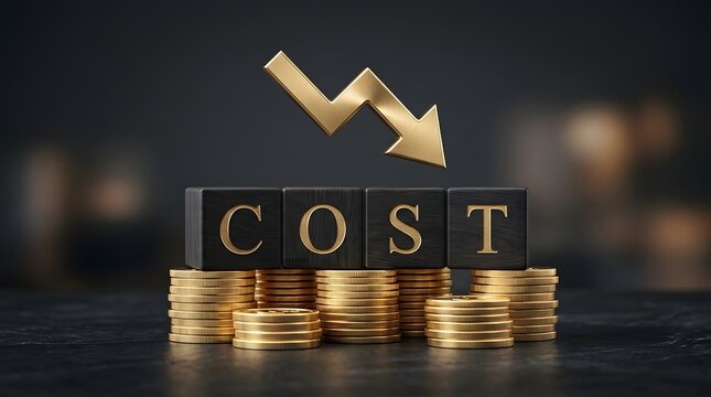Cost reduction concept with wooden blocks gold coins and downward arrow high quality