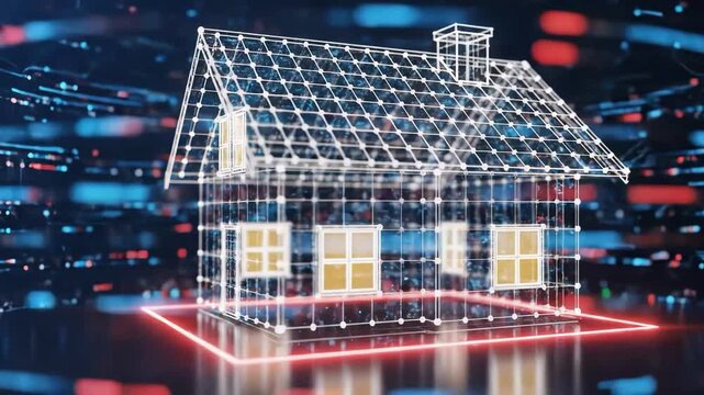 Digital wireframe house model with futuristic data background