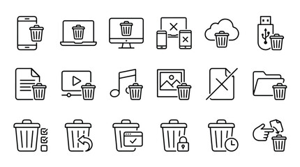 Digital delete and trash cleanup icons set. File removal, recycle bin and data clearing symbols. Modern thin line editable stroke vector icon illustrations for UI. © Ai