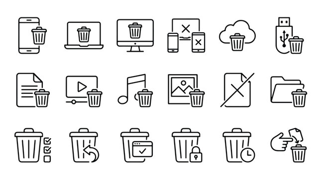 Digital delete and trash cleanup icons set. File removal, recycle bin and data clearing symbols. Modern thin line editable stroke vector icon illustrations for UI.