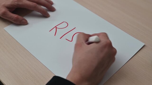 A person writes the word RISK on a blank piece of paper using a marker. The action is repeated in separate frames, creating visual emphasis on the term and its significance