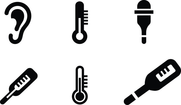 Temperature and medical measurement icon set with thermometer ear sensor and diagnostic tools isolated on white background black silhouette healthcare collection