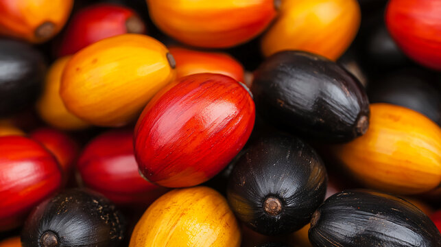 Close-up of colorful, shiny palm nuts in red, yellow, and black hues, highlighting their smooth texture and vibrant natural colors.