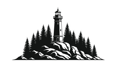Lighthouse on rocky cliff with evergreen trees black and white graphic silhouette high quality professional detailed modern elegant stylish clean crisp vibrant colorful digital © Thysl2000