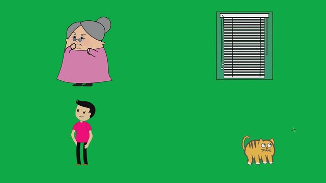 Animated granny, window, youth, and kitten concepts 2d cartoon animated character on green screen chroma key background with  loop cycle illustration animation.Perfect set of isolated visual