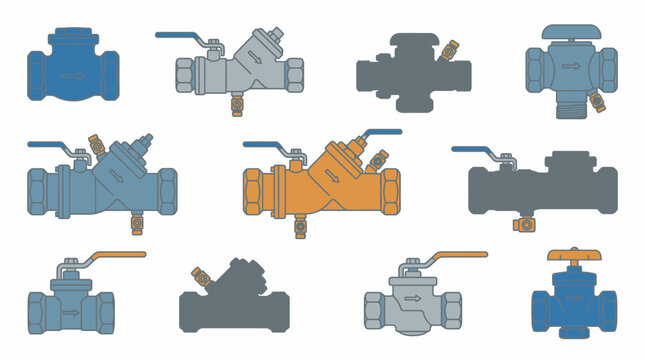 Set of 10 Backflow Preventer Valve Bodies Vector Illustrations, Clean Flat Design for Industrial Plumbing and Water Safety