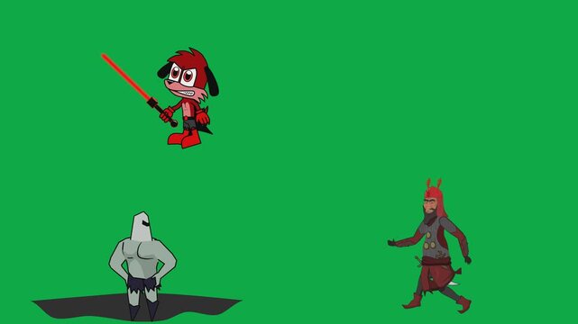 Rendered silver, devil, demon, and striding figures 2d cartoon animated character on green screen chroma key background with  loop cycle illustration animation.Flawless transparent animati2d cartoon