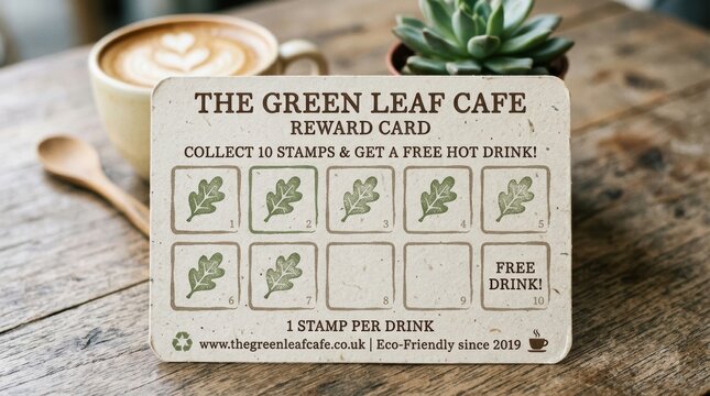 The green leaf cafe reward card with stamp spaces for free hot drink