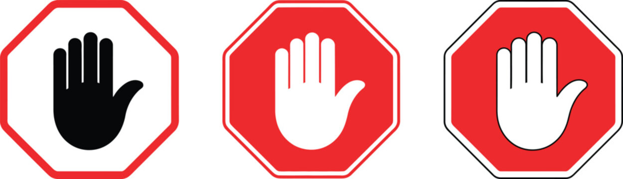 Three octagonal stop hand signs in red, white, and black colors for traffic safety and regulation