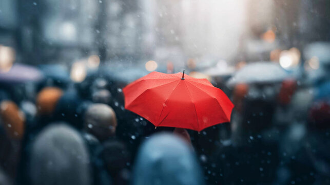 Red umbrella catching attention among a blurred busy crowd during a rainy day, symbolizing individuality and distinction